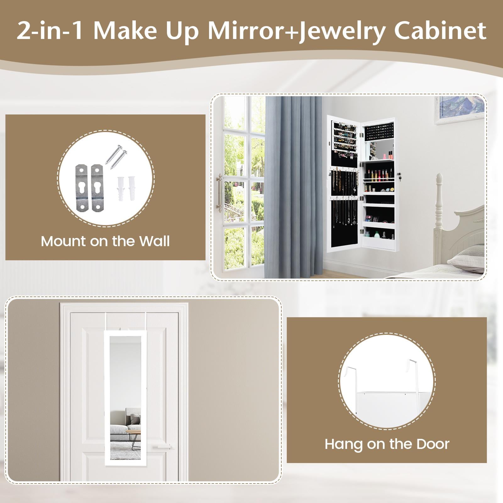 Giantex LED Jewelry Cabinet Wall Door Mounted, Lockable Jewelry Armoire w/Full Length Mirror, Cosmetics Tray, Brush Holders, Build-in Makeup Mirror for Women Girls (White)