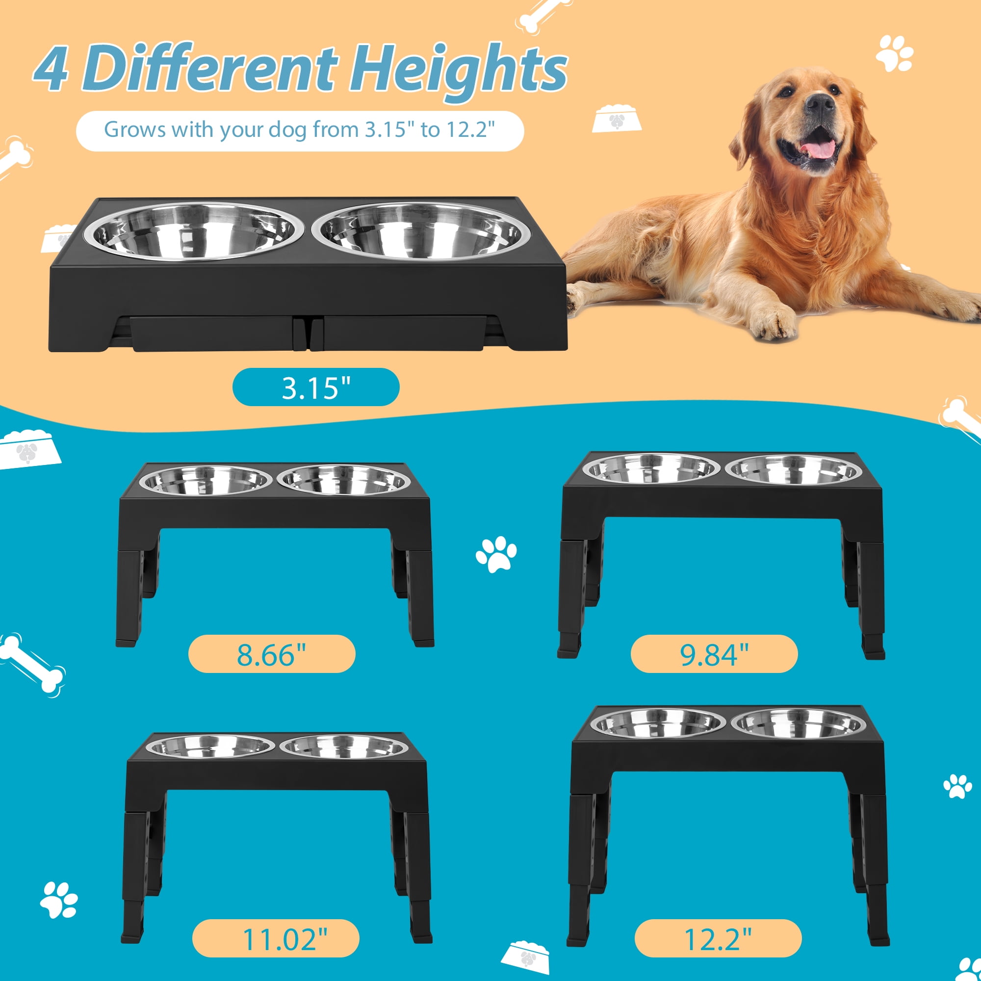 Elevated Dog Bowls Stand with 2 Stainless Steel Food Bowl,5 Height Adjustable,Black