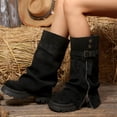 thumbnail image 6 of Women Solid Color Round Toe Side Zipper Buckle Strap Ruched Mid Calf Boots Faux Suede Block Mid Heel Winter Casual Boots US Size 5 To 8.5 Black, 6 of 9