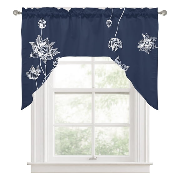 Swag Valances for Windows, Navy Blue White Floral Kitchen Valance Rod Pocket Window Treatment, Abstract Art Summer Botanical Bathroom Swag Curtain Panel for Living Room, 56 x 36 inch