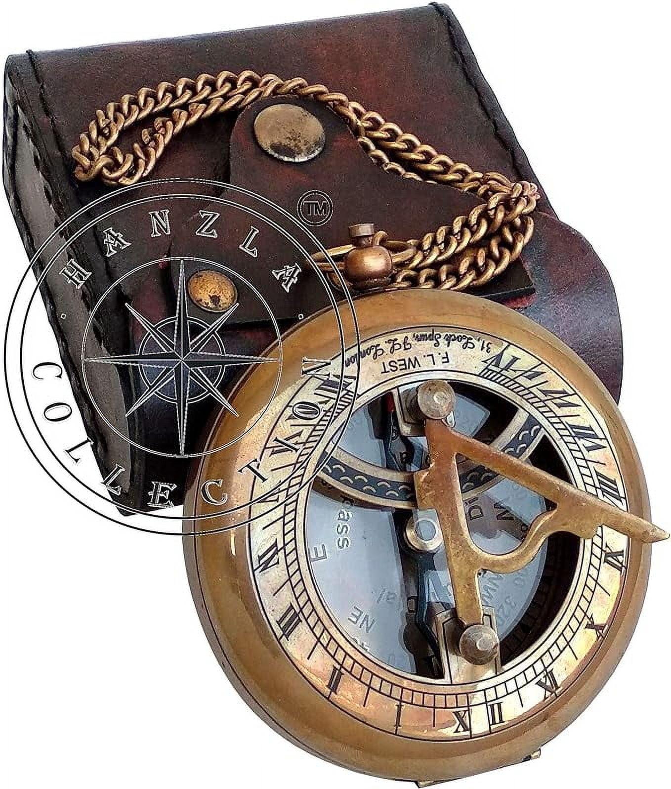 Hanzla Collection Brass Sundial Compass with Leather Case and Chain - Push Open Compass - Steampunk Accessory - Beautiful Handmade Gift - Nautical Sun Clock