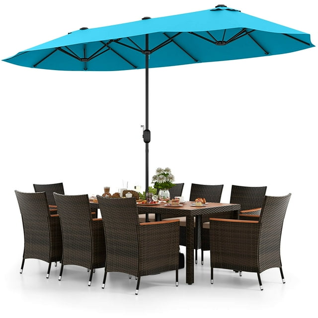 Costway 9 PCS Patio Wicker Dining Set with Double-Sided Outdoor Umbrella 8 Stackable Chairs Turquoise