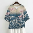thumbnail image 4 of Xoenoiee Cherry Blossom Sea Waves Print 3/4 Sleeve Shirts for Women Casual V Neck Boho Summer Loose Fit Linen Button Tunic Blouse Shirts, 4XL, 4 of 7
