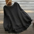 thumbnail image 2 of Fall Cotton Linen Tops for Women Long Sleeve Round Neck Solid Color Casual Loose Blouses Ruffle Button Down Shirts, 2 of 7
