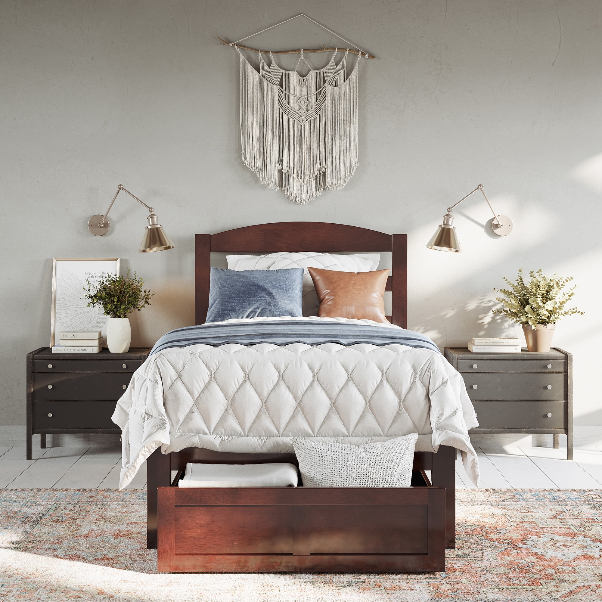 AFI Warren 14" Twin-XL Wood Platform Bed Frame with Foot Drawer Storage, Walnut