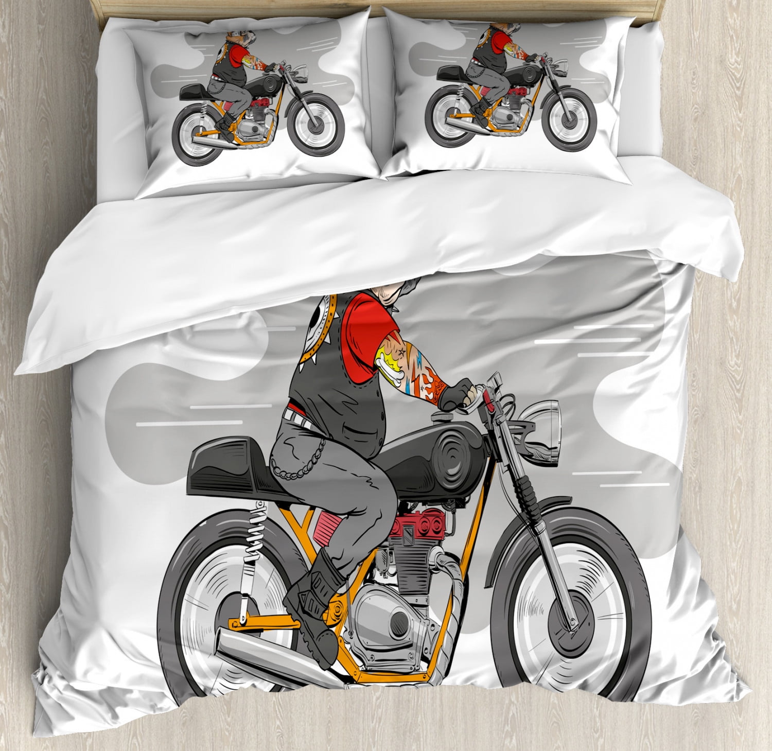Motorcycle Duvet Cover Set Queen Size, English Bulldog with Tattoos
