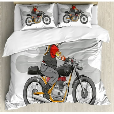 Motorcycle Duvet Cover Set King Size, English Bulldog with Tattoos Cruising on a Bike Hand Drawn Colorful Character, Decorative 3 Piece Bedding Set with 2 Pillow Shams, Multicolor, by Ambesonne