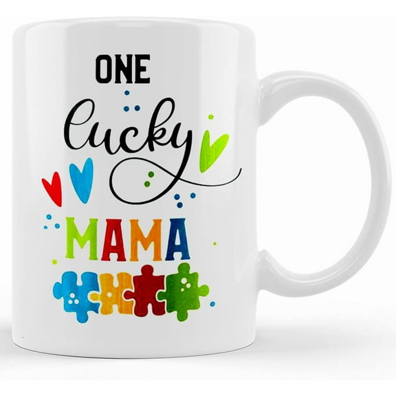 One Lucky Mama Mugs Autism, Autism Mom, Autism Mom Png, Puzzle Ribbon, Classic White Mug, Ceramic Novelty Coffee Mug, Tea Cup, Gift Present For Birthday, Christmas Thanksgiving Festival,