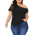 thumbnail image 1 of Blusas de verano para mujer de talla grande GRACE & GRANDEUR, de un solo hombro, con manga corta, dobladillo asimétrico, casual, talla 3X, color negro, 1 of 1