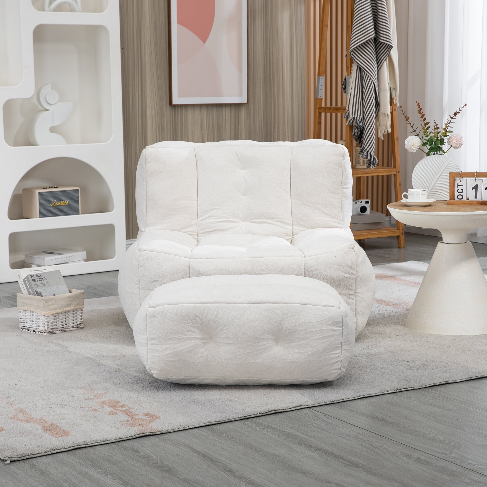 Accent Chair with Ottoman Set,Modern Velvet Bean Bag Chair for Adults and Childs,Upholstered Lazy Sofa Chair Armchair for Living room, Bedroom, Apartment,White