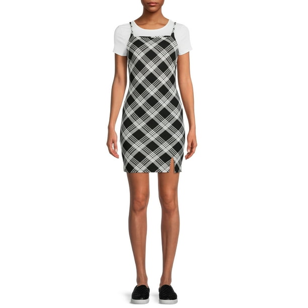 No Boundaries Juniors' Plaid Dress and Ribbed TShirt, 2Piece Set