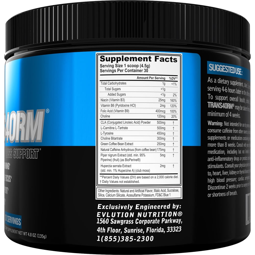 EVLution Nutrition Trans4orm Weight Loss Powder - Thermogenic Fat Burner Formula for Metabolism Support, Energy and Focus - 30 Servings, Blue Raz