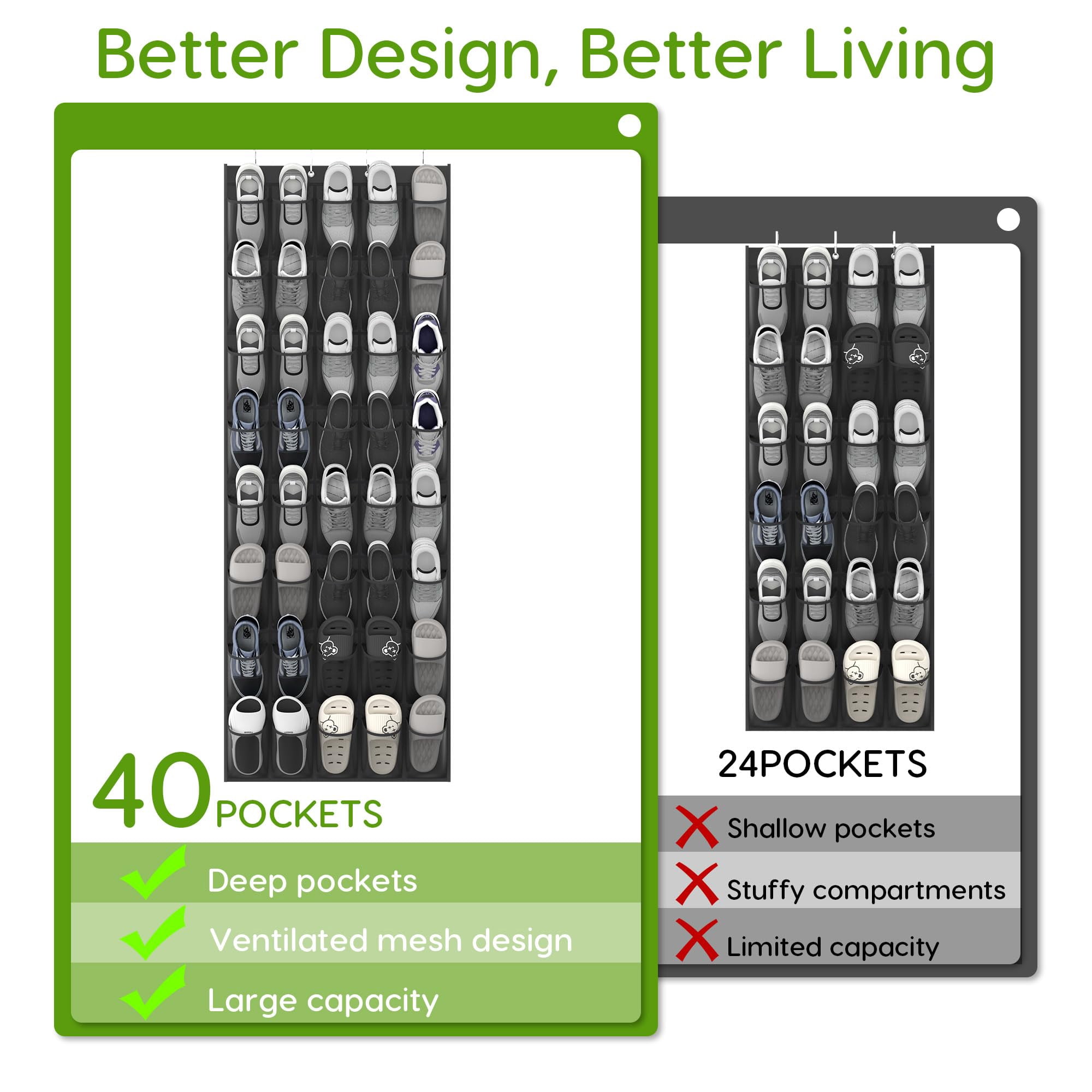 Over the Door Shoe Organizer with 40 Pockets, 18 Travel Shoe Bags & 1 Washing Bag, Hanging Shoe Rack with Breathable Mesh