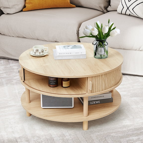 Wirrytor 31" Round Coffee Table with Sliding Doors and Bottom Shelf, Farmhouse 2-Tier Storage Center Table for Living Room, Natural