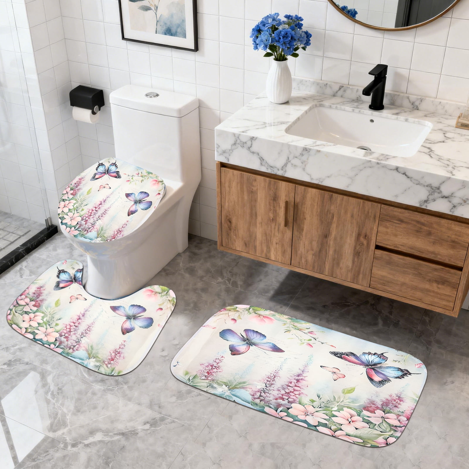 Dznils White Floral Shower Curtain Sets with Rugs, 16pc Butterfly Bathroom Curtain Set, 72" x 72"