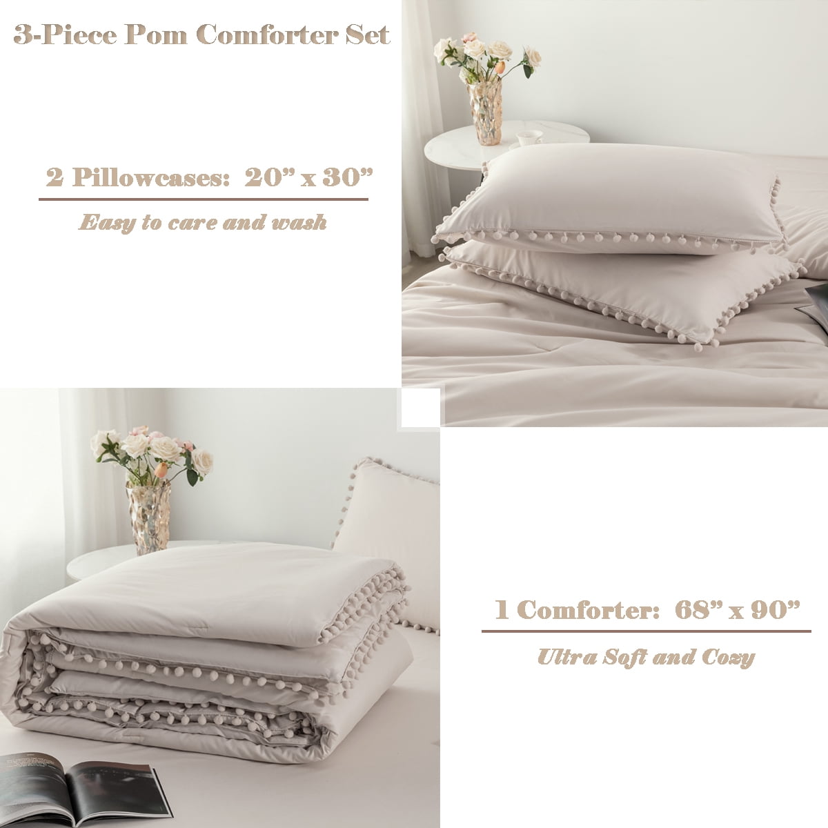 RYNGHIPY Boho 3-Pieces Beige Grey Solid Comforter Bedding Sets, Twin