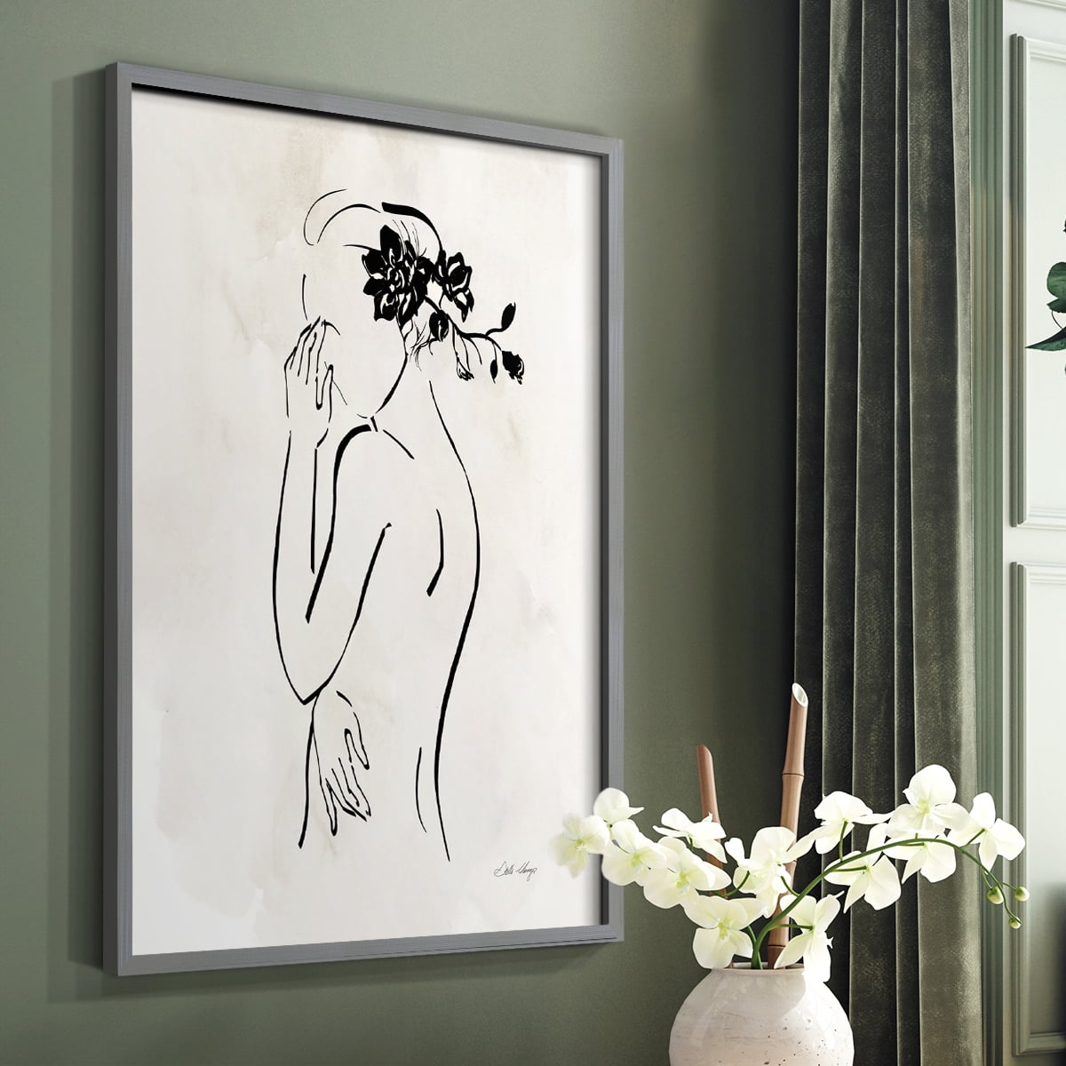 Romantic Line Art II in Gray Solid Wood 11 x 14 Framed Print
