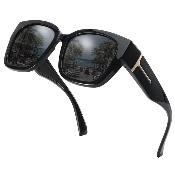 Women's Retro Modern Square Sunglasses UV400 Gold T-Bar Accent High Gloss Black for City Streetwear Weekend Brunch