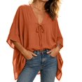 thumbnail image 6 of VBVC Women's Cotton Linen V Neck Tie Front Tunic, Ladies' Loose Batwing Sleeve Blouse, Casual Asymmetrical Vacation Top For Women, Orange , S-2XL, 6 of 7