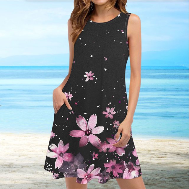 Ovzne Robes pour Femmes Robe de Plage Femmes Décontractée Ample Été Robe Imprimée Sans Manches Col en V Ensemble Haut/chemise Grande Taille Robe Imprimée Liquidation