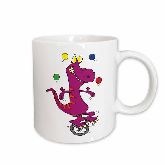 3drose, Silly T-rex Dino Juggling on Unicycle Cartoon, 15oz Mug
