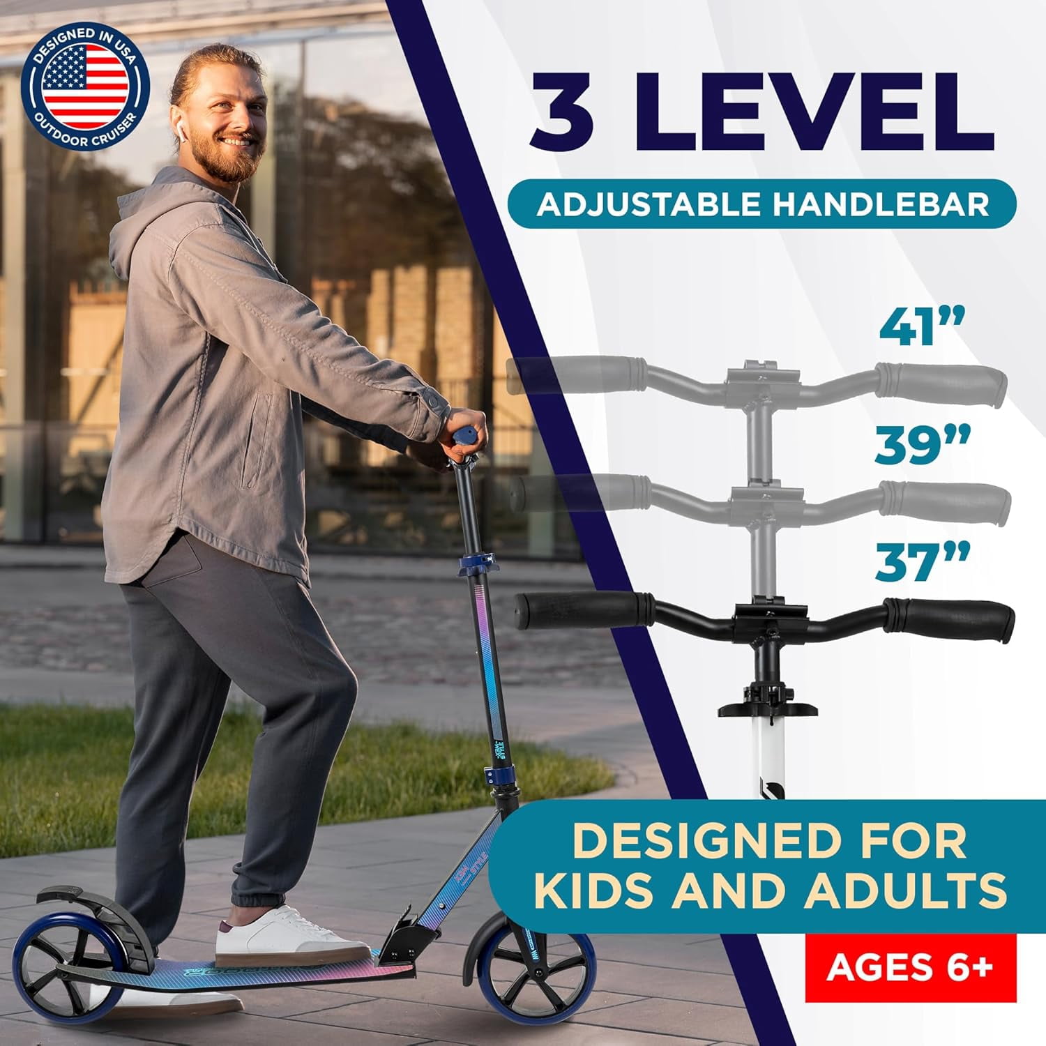 OutdoorCruiser Kick Scooter for Ages 6+, Kids, Teens & Adults, Foldable, Dual Suspension, 3-Level Adjustable Handlebar, Child Safety Approved, White