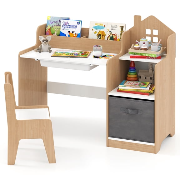 Gymax Kids Desk & Chair Set w/ Open Shelves Drawer & Fabric Storage Bin
