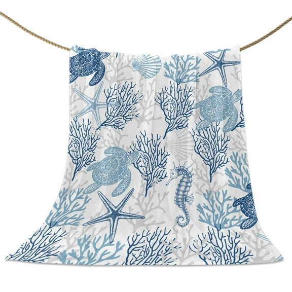 Flannel Fleece Blanket Summer Ocean Sea Coral Super Soft Warm Cozy Throw Blanket Shell Star Blue Turtle Seahorse Bed Couch Car Blankets for All Season 40" x 50"