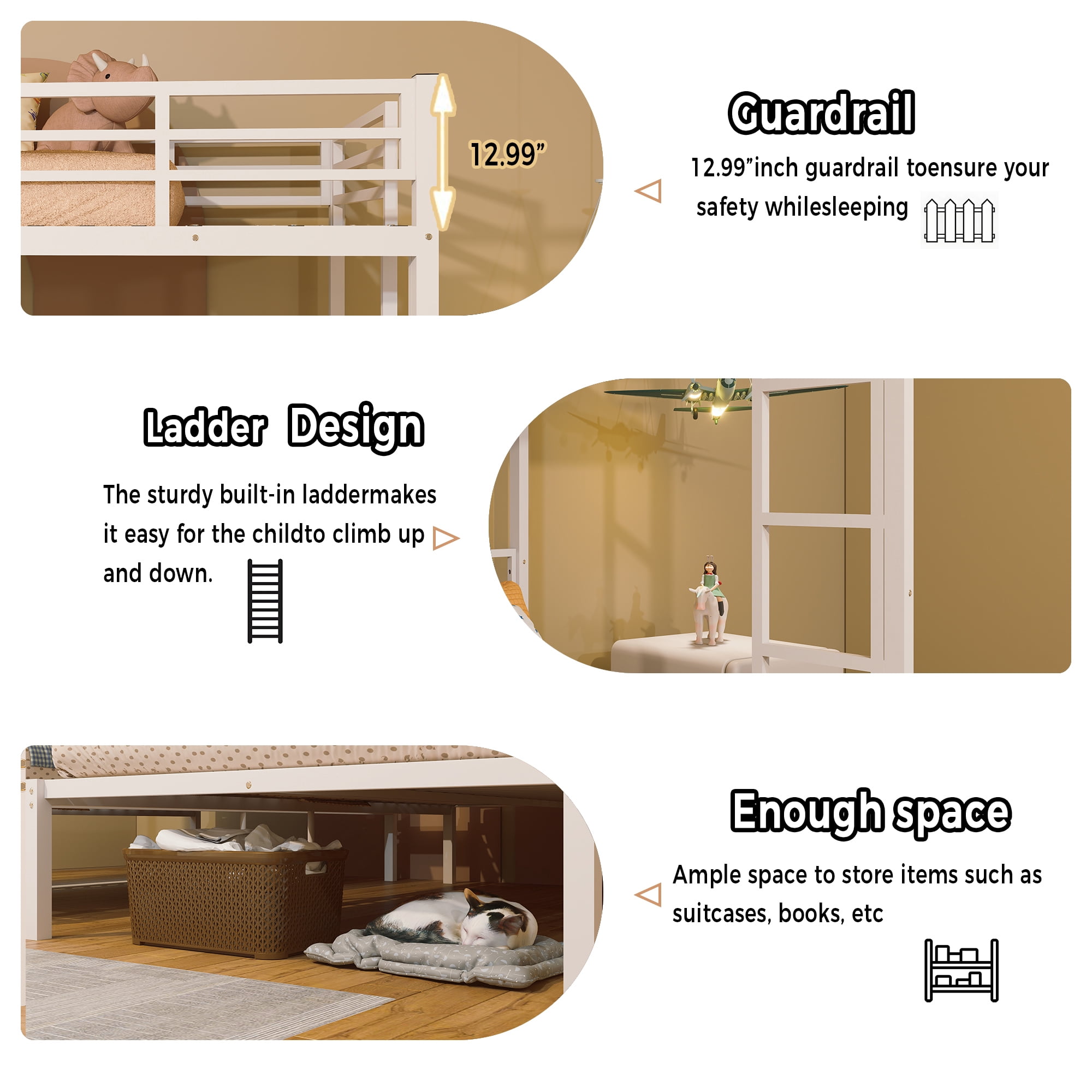 Mintazer L-Shaped Triple Twin Bunk Bed, Detachable Metal Bunk Bed Frame with Ladder & Guardrail for Teen Adult Bedroom Dormitory, White