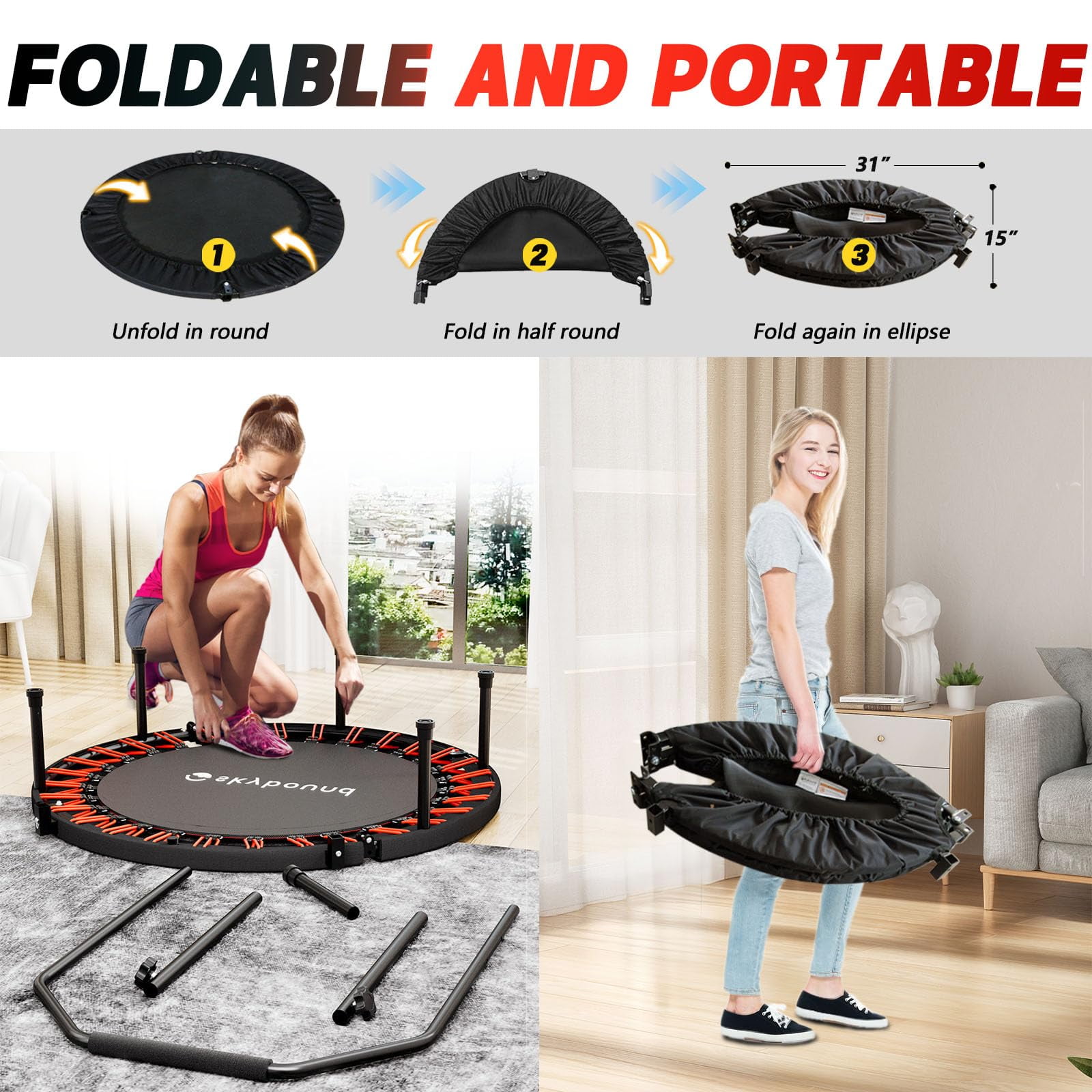SkyBound Foldable Mini Trampoline Fitness Rebounder Quiet Bungees U-Shape Adjustable Foam Handle