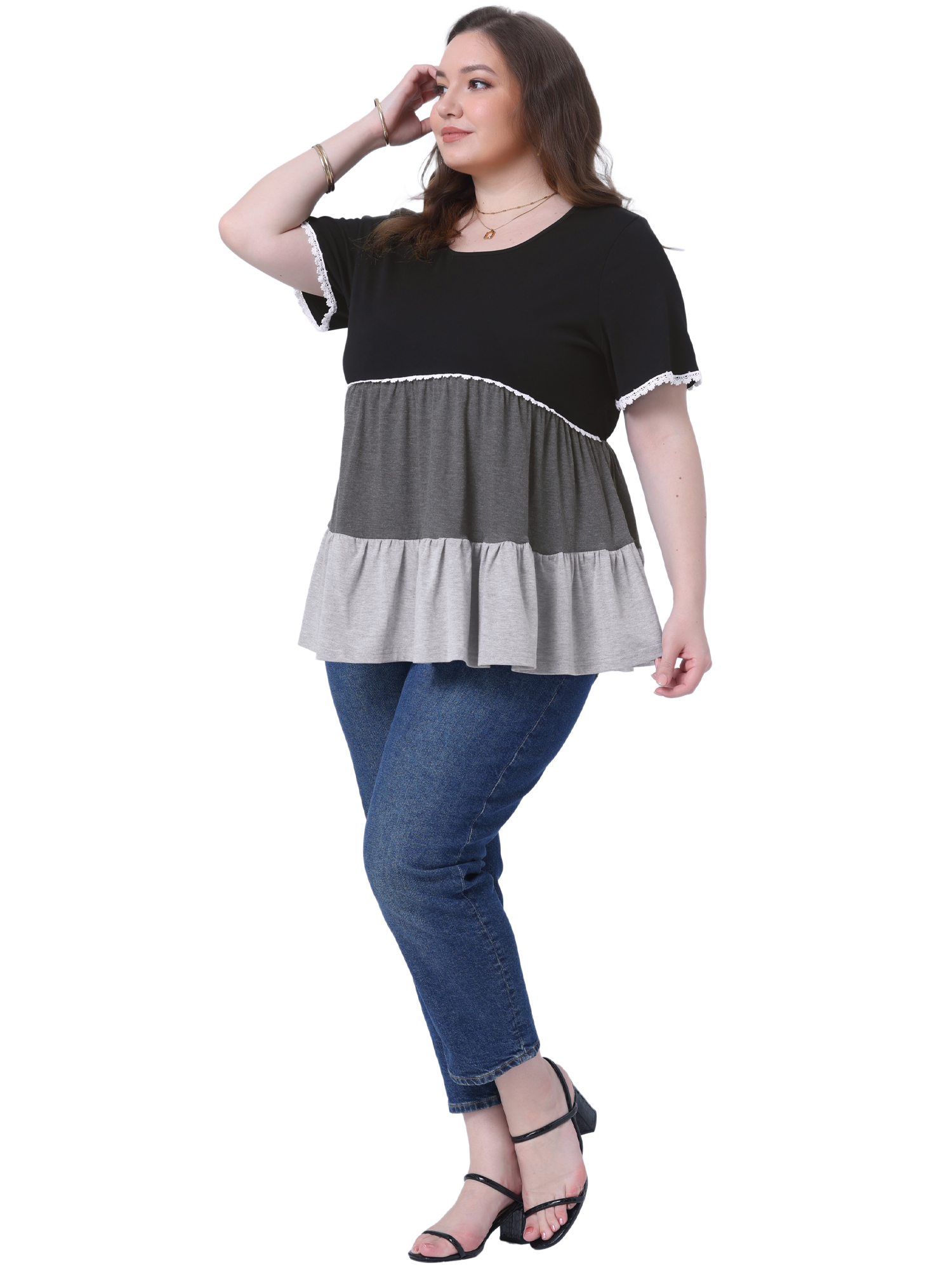 DARING DIVA Women's Plus Babydoll Ruffle Short Sleeve Casual Blouse 1X Black