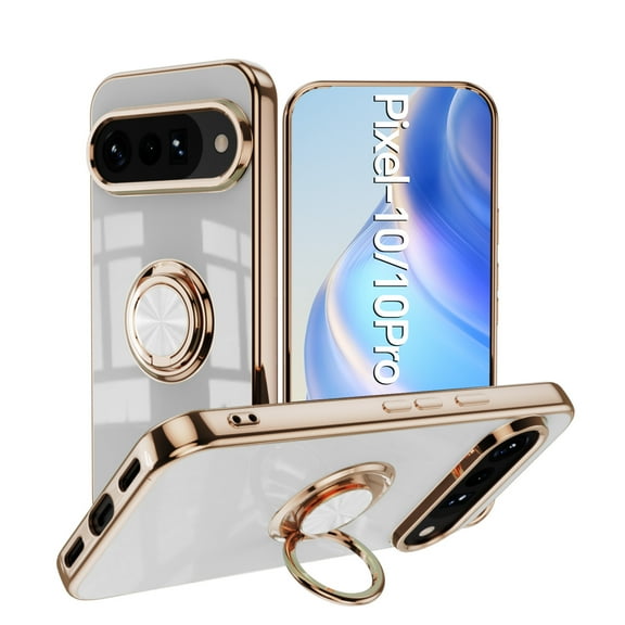 Decase Compatible with Google Pixel 10 /10 Pro Case with Magnetic Adjustable Ring,Plated Golden Edge and Luxury Shockproof Protection for Google Pixel 10 /10 Pro 2025 Case for Women Men,White