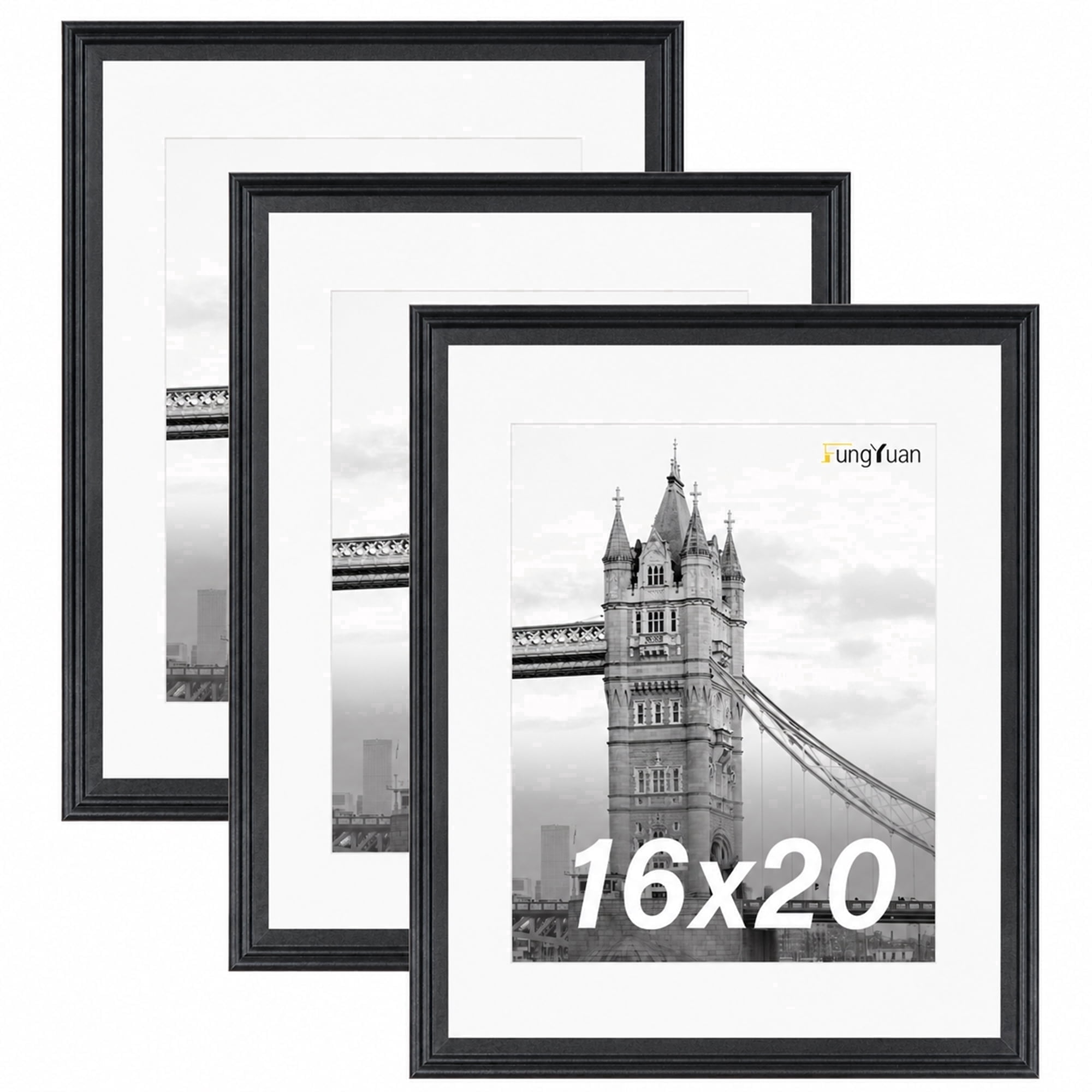 FungYuan 3 PACK 16x20 Wooden Picture Frame set made of clear acrylic, Matted to 11x14 Wall Poster frame, Gallery Wall Poster Frames,Black