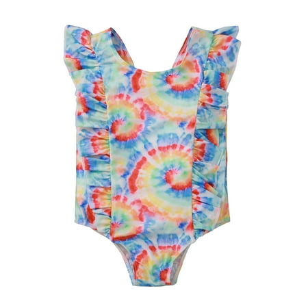 

qucoqpe Toddler Kids Girls Swimsuit Infant Newborn Bikini Cute Sleeveless Frill Sling Rainbow Tie Dye Print One Piece Swimsuit Bathing Suit