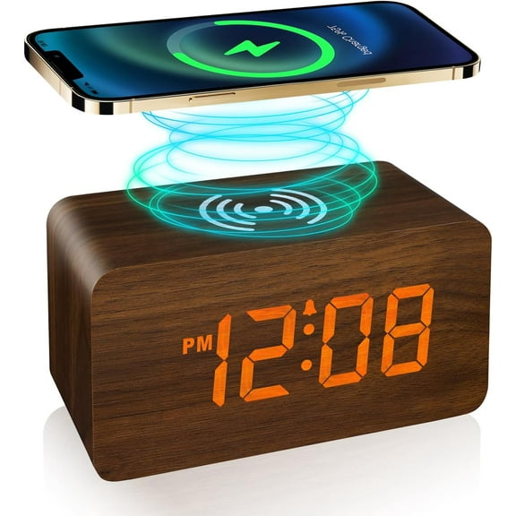 Pound Technology Digital Wood Alarm Clock with Wireless Charging