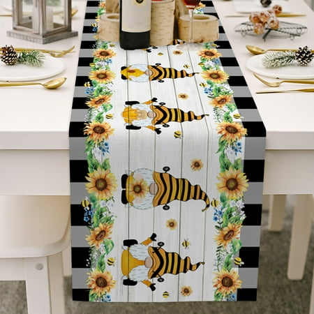 

HOTYA Sunflower Gnome Cotton Linen Table Runner Table Cloth Desktop Decor