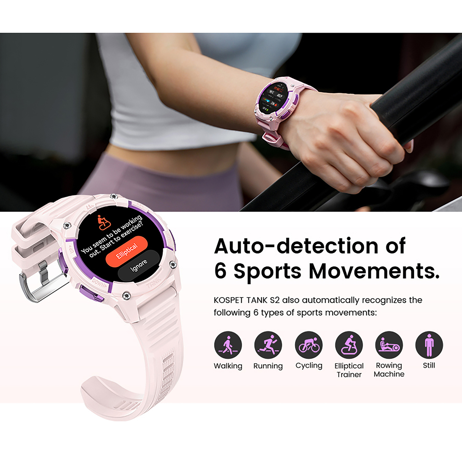 KOSPET TANK S2 1.32-In. AMOLED GPS Smartwatch with Silicone Band (Violet Pink), P-S001-P