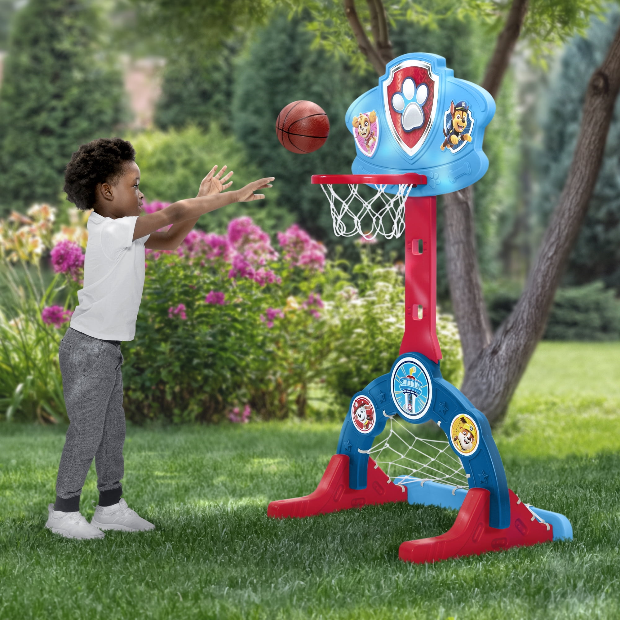 PAW Patrol 4-in-1 Sports Center by Delta Children – Adjustable Basketball Hoop, Soccer/Hockey Net & Golf Game, Blue