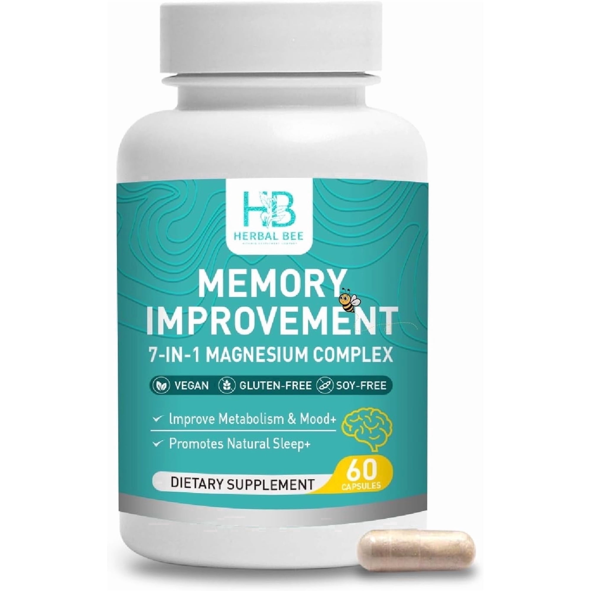 Herbal Bee 7-in-1 Magnesium Complex Capsules, Magnesium Supplement for Memory and Mood Support, 60 Count