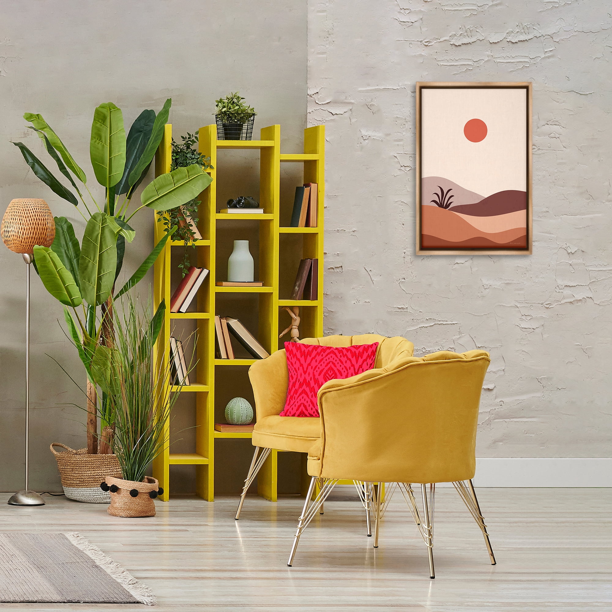 Stupell Industries Boho Desert with Plant Landscape & Nature Painting Brown Floater Framed Canvas Art Print Wall Art, 17 x 25