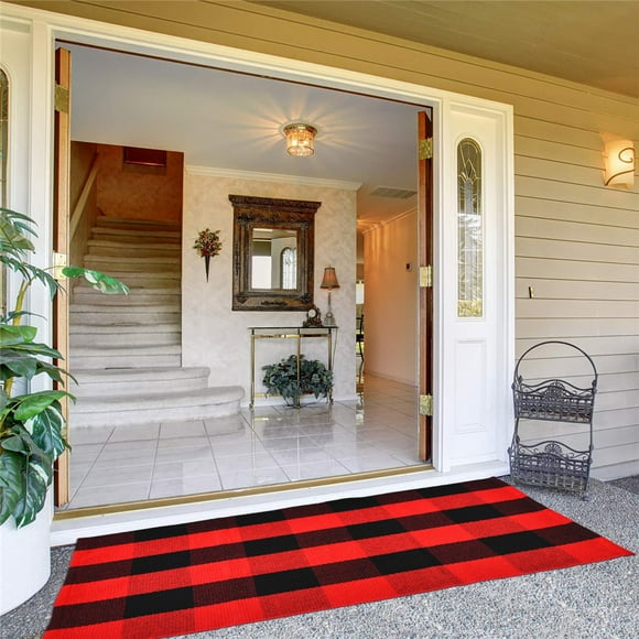Hand-Woven Cotton Plaid Area Rug Anti Slip Doormat Floor Mat Layered Carpet for Laundry Kitchen, Red Black, 30x60cm