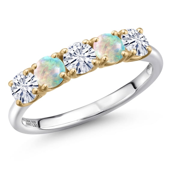 Gem Stone King 925 Silver and 10K Yellow Gold White Moissanite and Simulated White Opal Wedding-Bands Ring for Women | 1.19 Cttw | Round 4MM | Gemstone Birthstone | Size 7