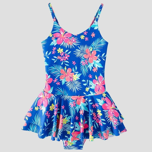 Pisexur Girls Swimsuits High Quality Fabric Floral Swimsuit 4-12 Years Long Sleeve Ruffle Hem One-Piece Swim Dress for Competitive Lessons