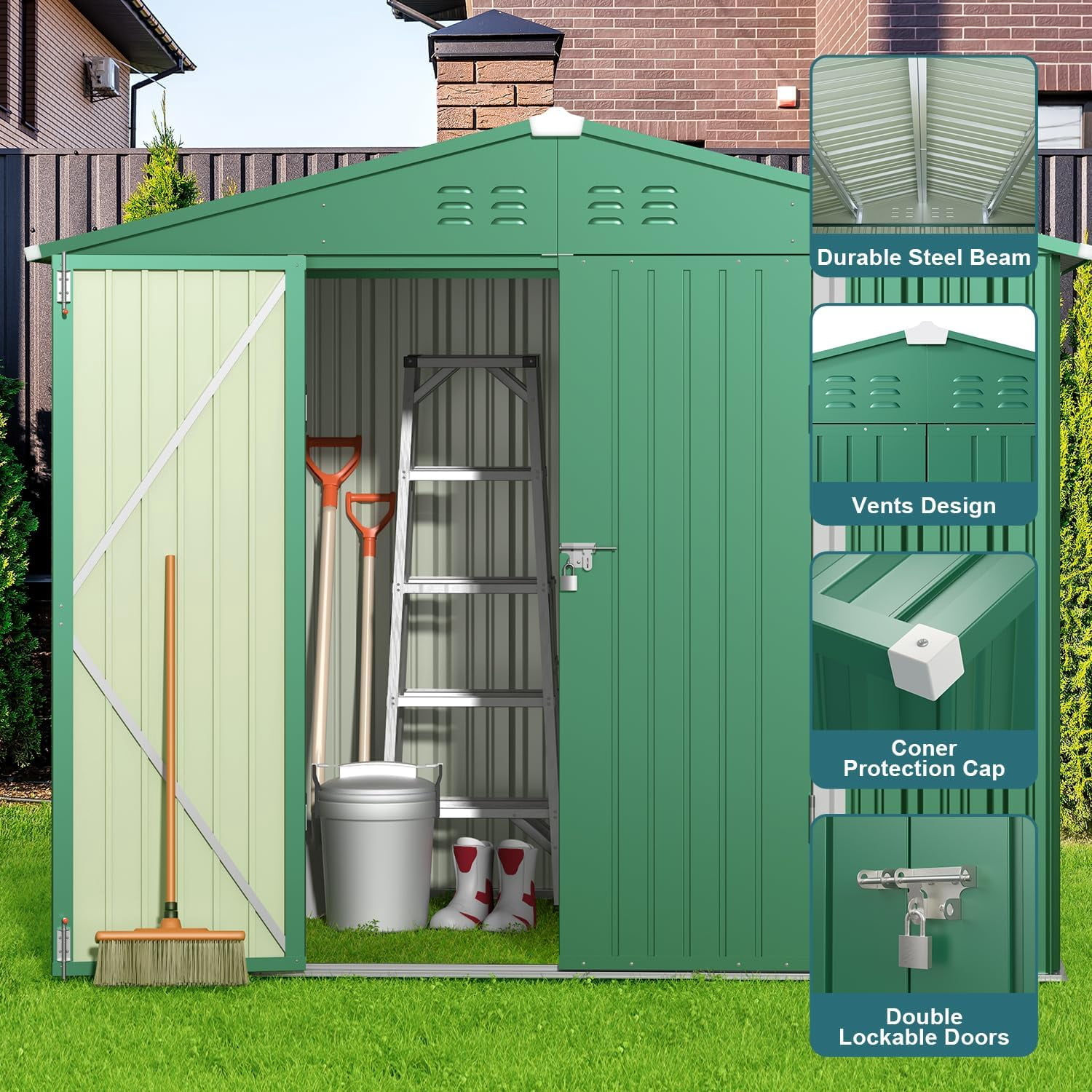 8 x 6 FT Storage Shed, Lofka Galvanized Metal Garden Shed with Double Lockable Doors, Outdoor Storage Clearance for Backyard Patio -Green