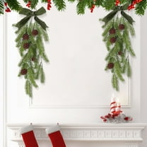 EWASWON Rustic Christmas Teardrop Swag - Artificial PE Pine Needle Garland with Velvet Bow & Cones, Indoor Outdoor Hanging Decor for Stair Railing Mantel, Green