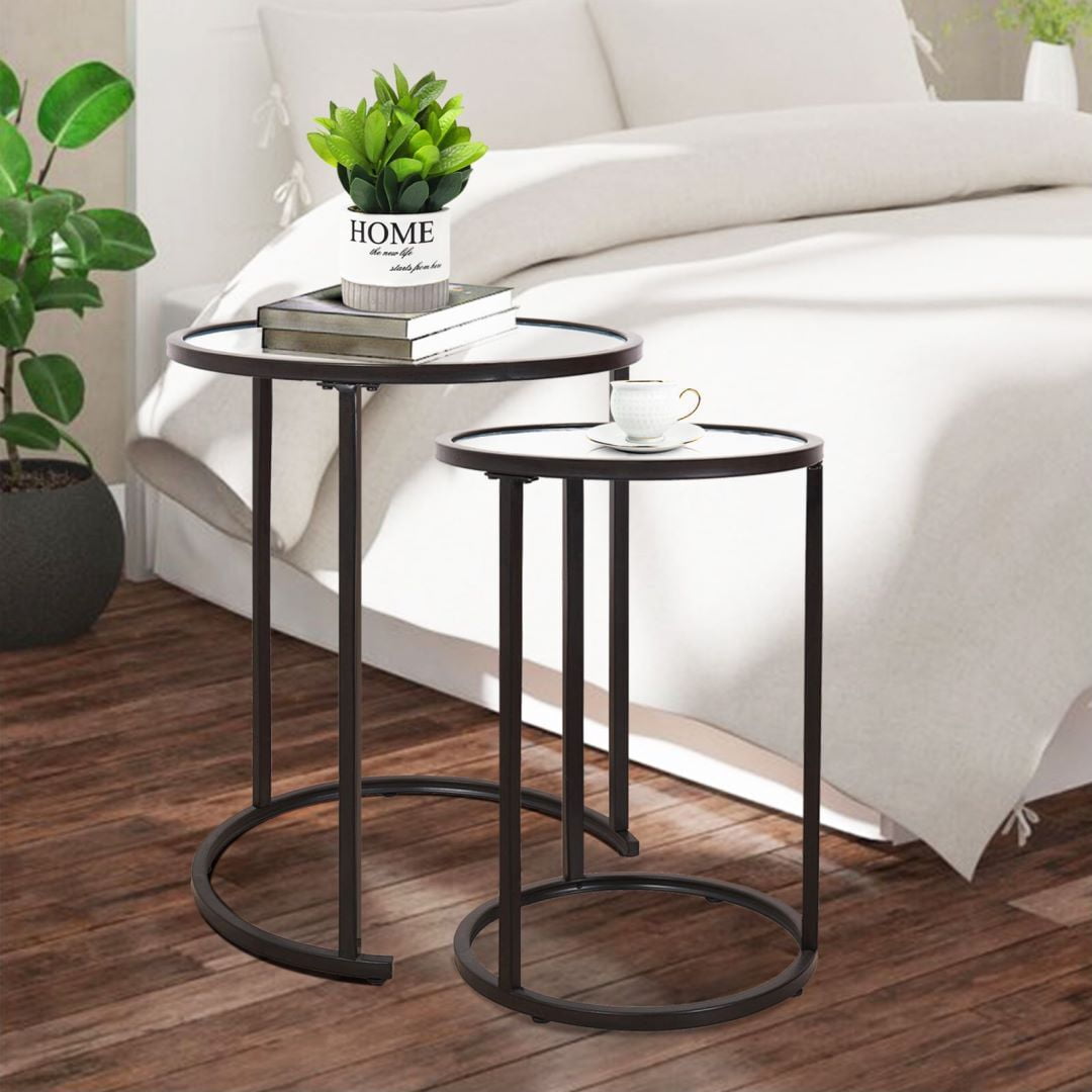 Hawoo Modern Round Nesting End Table with Glass Top Set of 2 Metal C