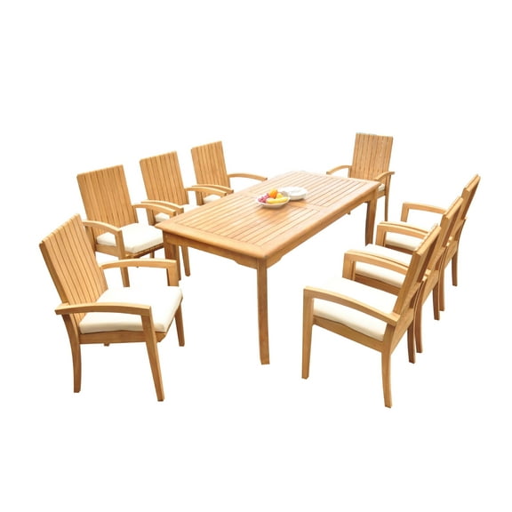 Grade-A Teak Dining Set: 8 Seater 9 Pc: 71" Rectangle Table And 8 Goa Stackng Arm Chairs Outdoor Patio WholesaleTeak #51GO0709