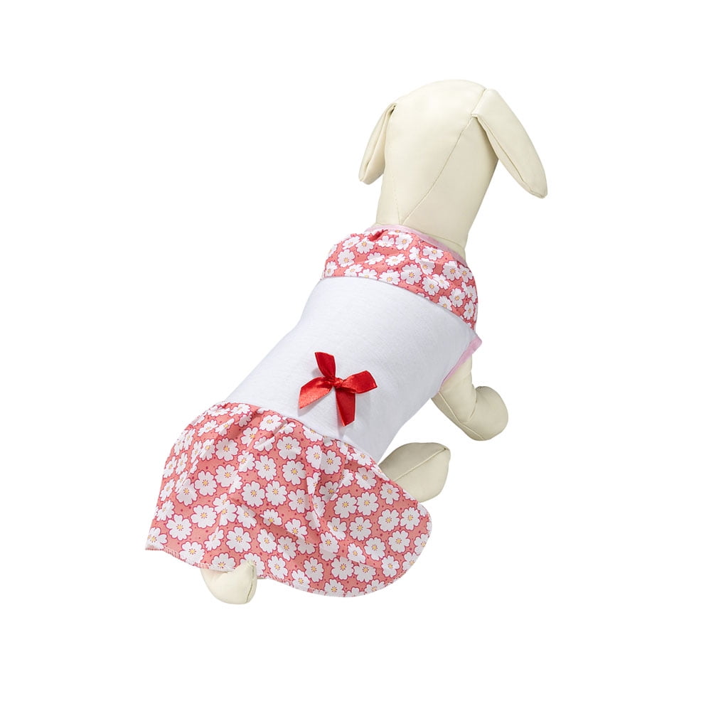 CUECUEPET White / Pink Dress [White Daisy Pattern] with Red Bow for Female / Girl Dogs and Puppies [Multiple Sizes Available]