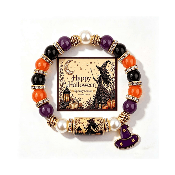 Halloween Cat Ghost Pumpkin Stretch Beaded Bracelet with Witch Hat Charm