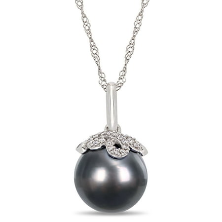 Genuine Black Tahitian Pearl Miabella 10-11MM Black Tahitian Cultured Pearl and Diamond-Accent 14kt White Gold Drop Pendant, 17